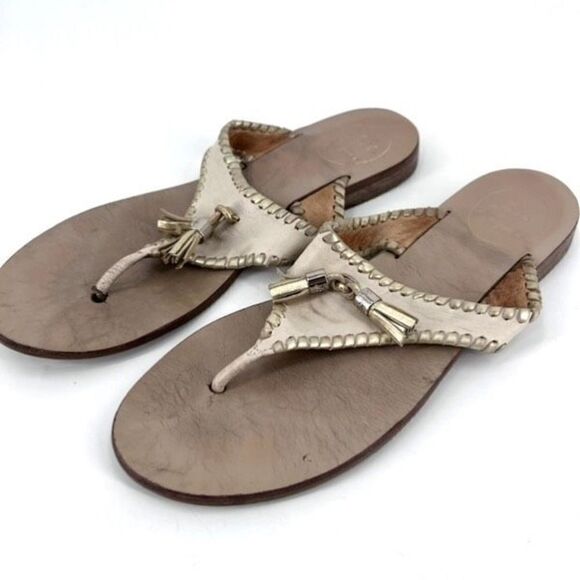 Jack Rogers Alana Sandal in Bone and Gold 8.5 leather goldtone tassels flip flop - Picture 1 of 6